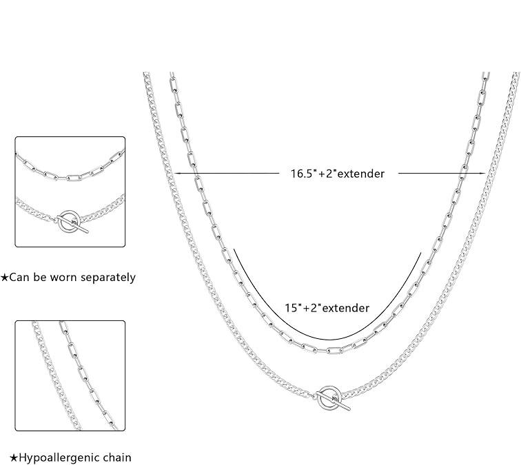 Tewiky 2-Layered 14K Gold/Silver Plated Necklaces for Women, 14K/Silver Plated Dainty Gold Chain Necklace Women Trendy Cuban Link Paperclip Chain Toggle Clasp Necklace Fashion Chunky Jewelry for Women Daily Wear For Valentine's Day gifts