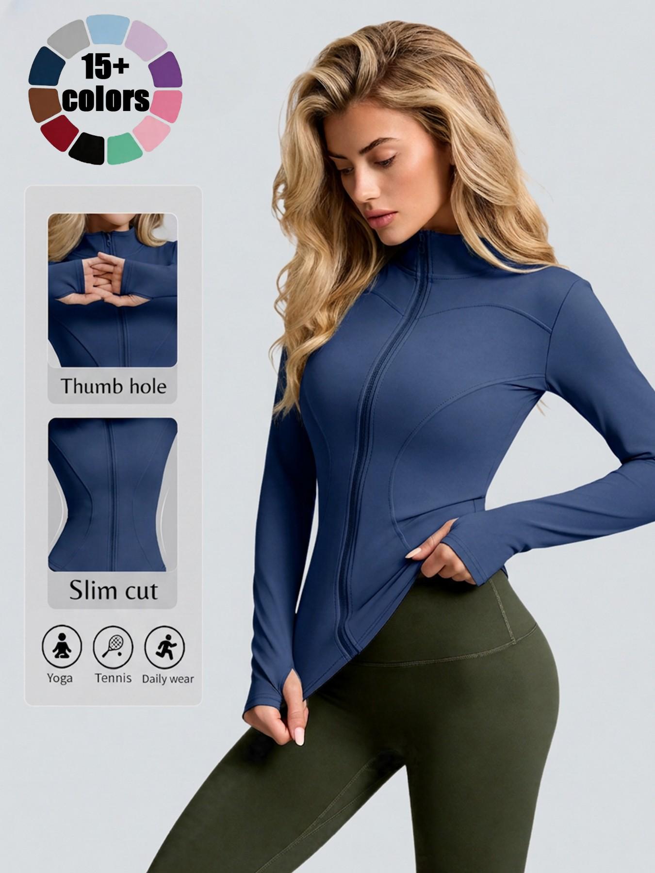 Women High Stretch Stand Collar Thumbhole Fitness Top, Breathable Running Slim Yoga Shirt, Long Sleeve Tight Workout Jacket, Workout Wear