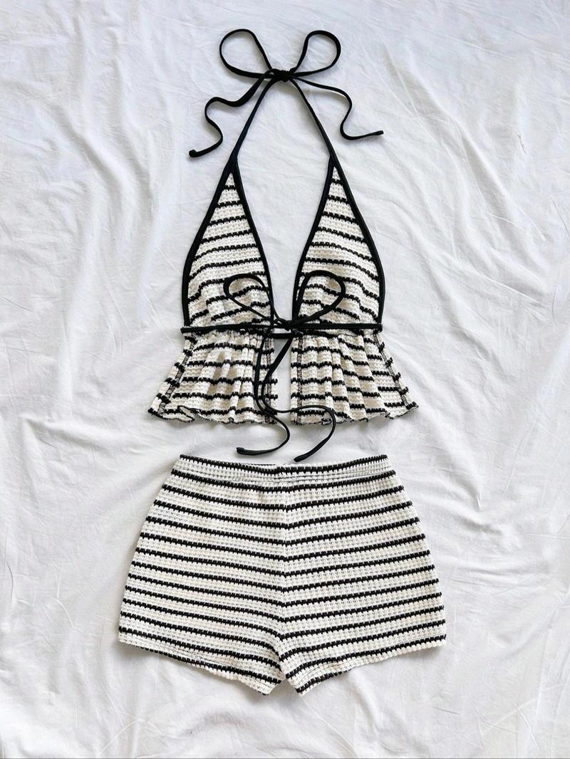 Women's Sexy Colorblock Backless Bow Tie Ruffle Top and Shorts Set, Striped Pineapple Beach Vacation, Two-Piece Summer Ensemble