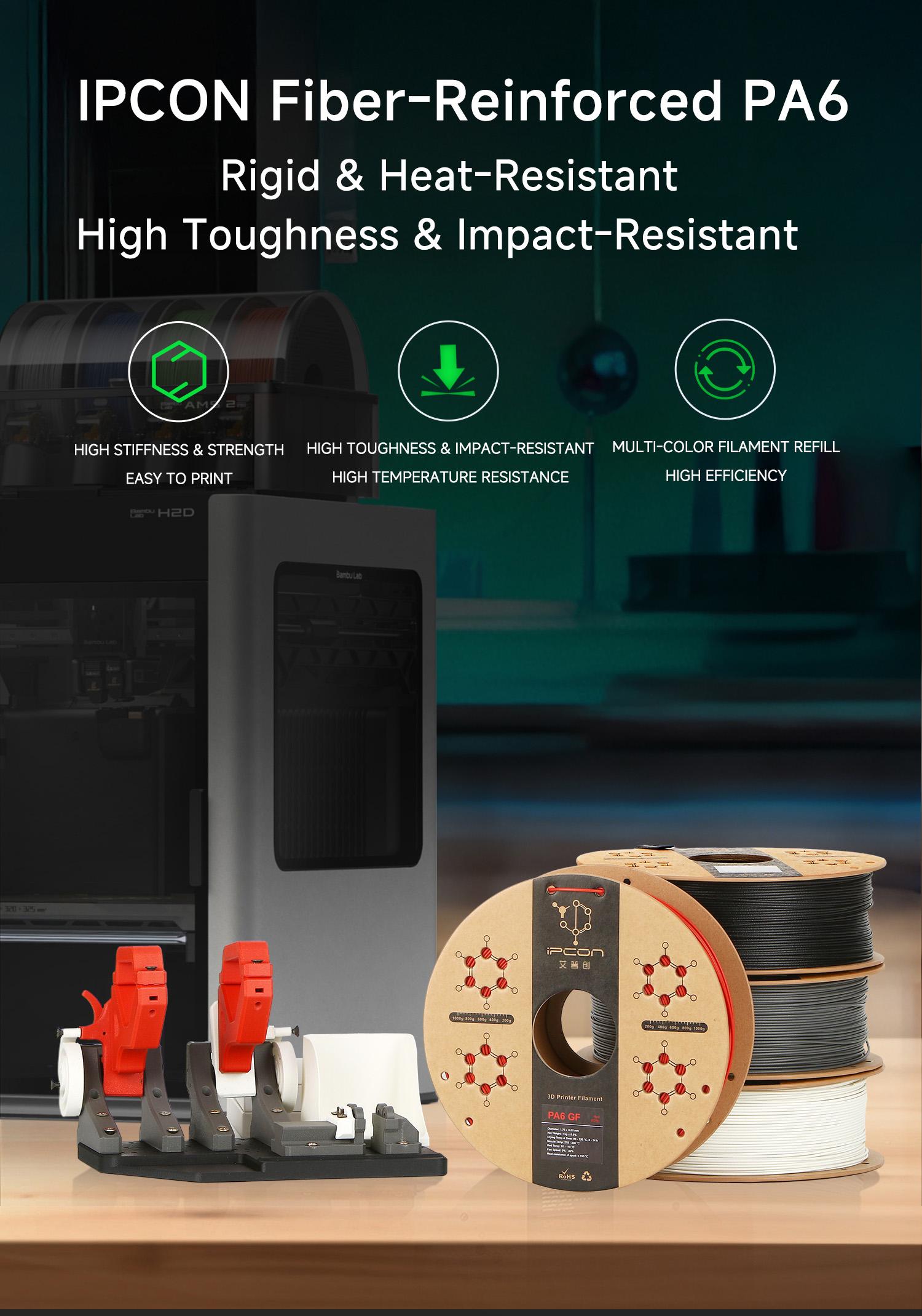 iPCON PA6 CF 250g Trial Size 3D Printing Filament, 1.75mm Black Carbon Fiber Reinforced PA6 High Speed Printing Filament, Ultra Low Warping & High Heat Resistance, High Toughness & Impact Resistance PA6-CF 3D Printer Filament for Testing, Small Project