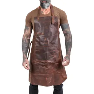 Full Grain Leather Apron Men & Women, BBQ Grill Chef Work Apron with Cross Back Straps & Tool Pockets
