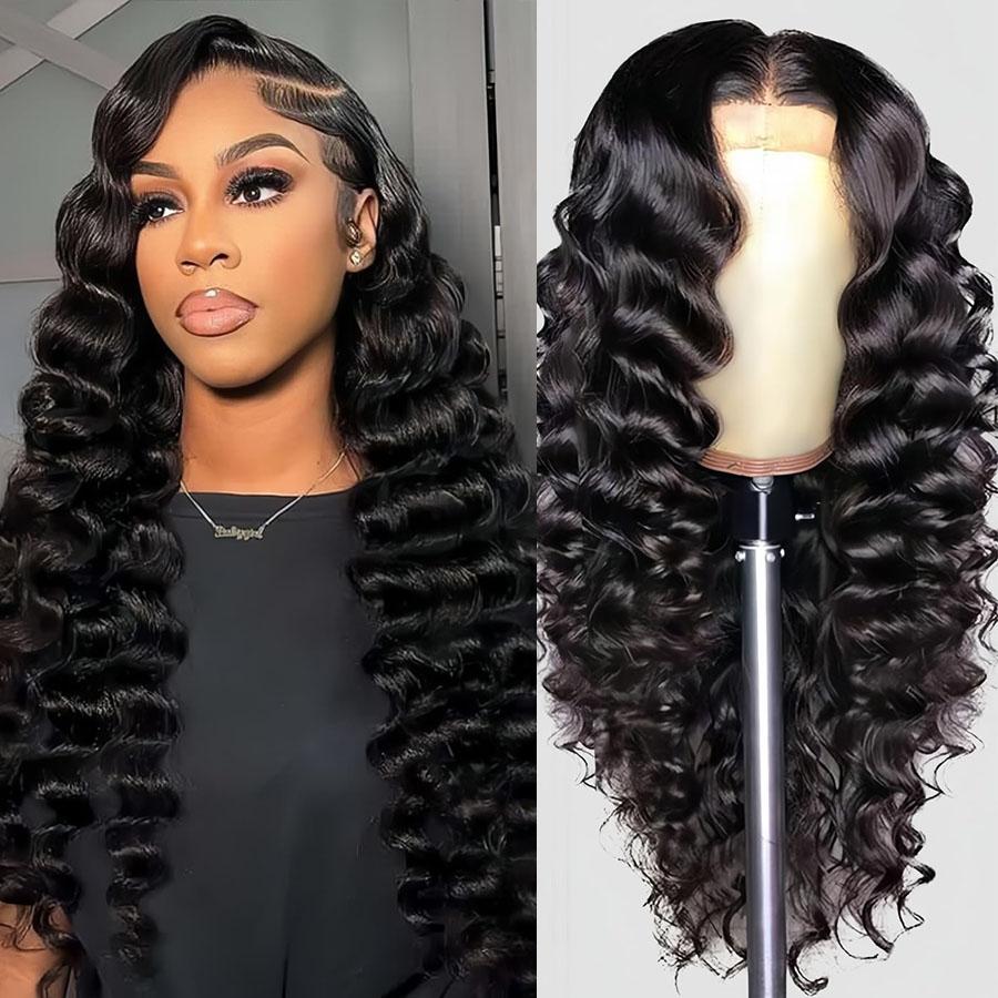 Loose Deep Wave Lace Front Wigs Human Hair 200 Density Glueless Wigs for Women Blended Hair Loose Wave 13x4 HD Transparent Lace Front Wigs Pre Plucked with Baby Hair Natural Black Color