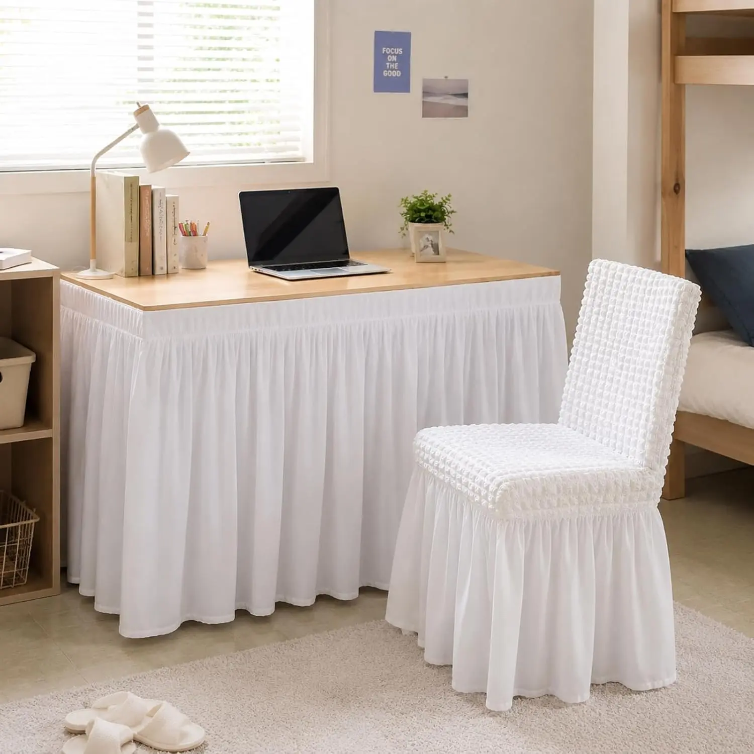 Dorm Desk Skirt with Chair Cover, D24 x W42 x H30 Ruffled Gathered Table Cover, Custom Fit No Platform Split Corners, White Table Skirt, Ruffled Tablecloth for Dorm Home Office