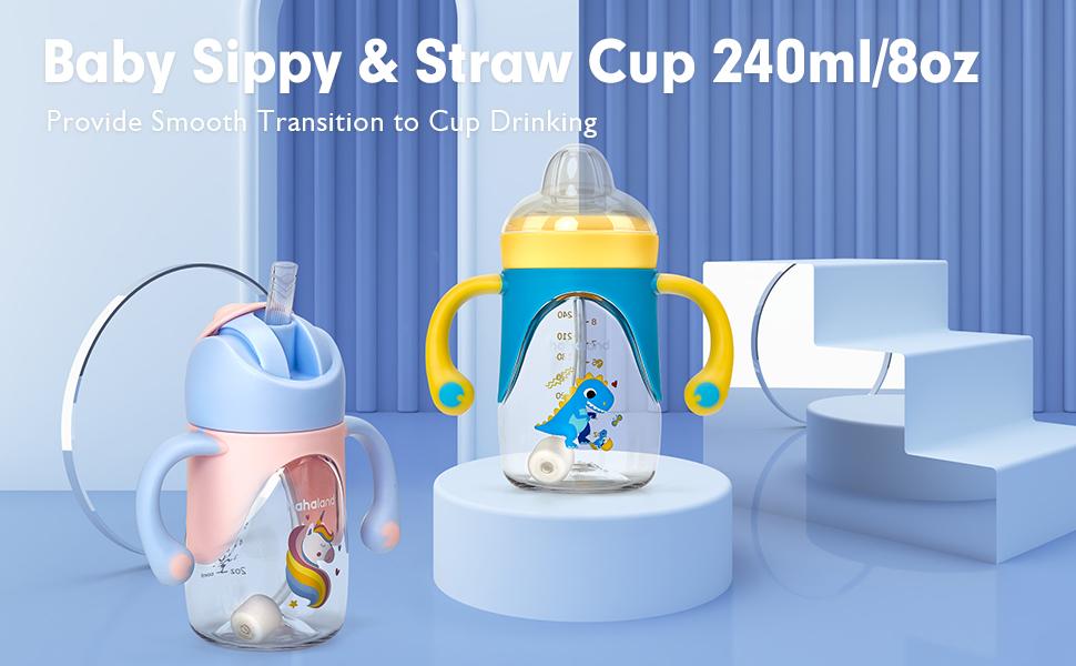 hahaland Sippy Cup for 6+ Month Old - 2 in 1 Spout & Straw Sippy Cups for  Cute Infant Newborn Toddlers 1-3 No Spill Transition Weighted Straw Toddler Cups - 1 Cup with 2 Nipples baby