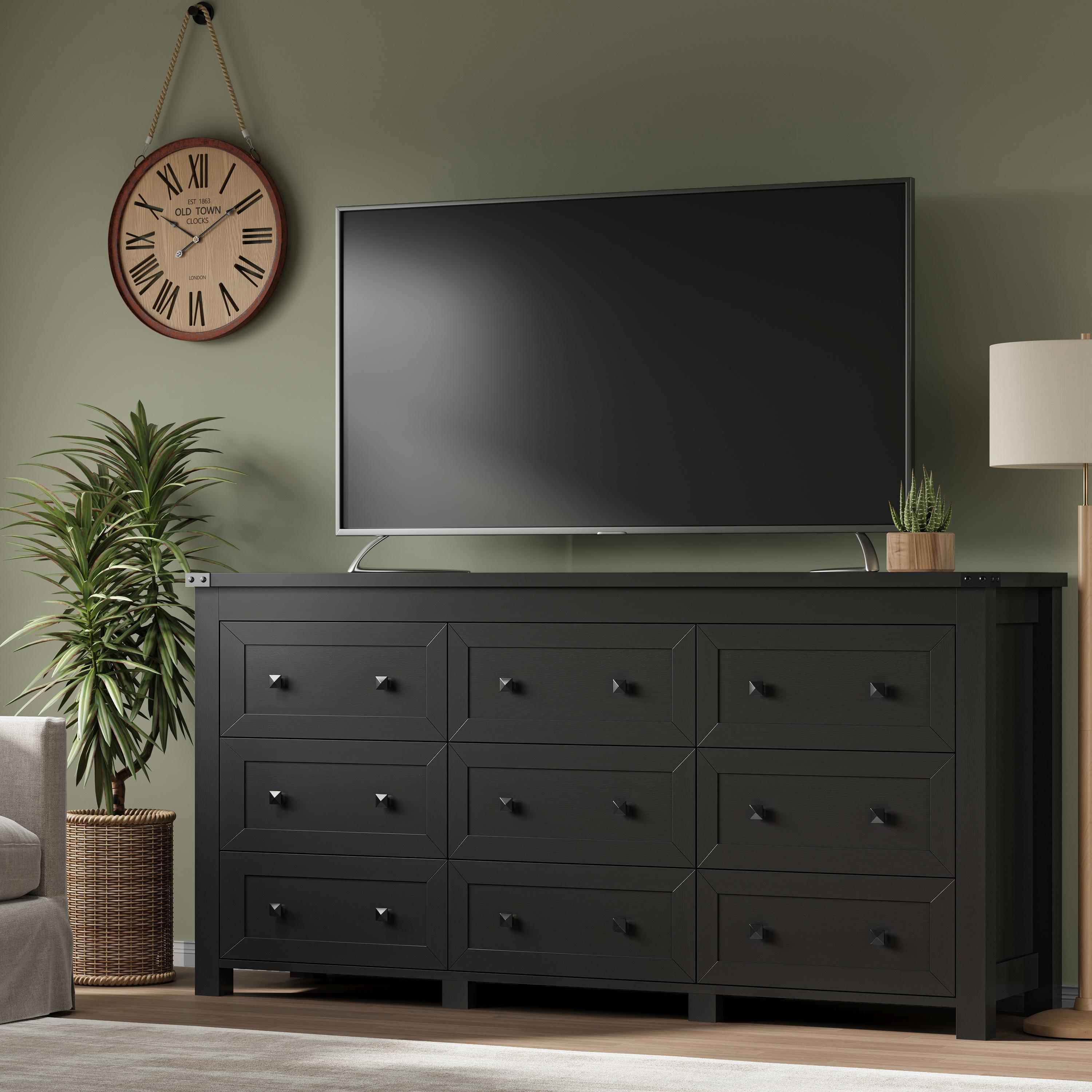 Dresser for Bedroom with 9 Drawers, Farmhouse Wood Chest of Drawers, Wide TV Stand Closet Storage Furniture with Metal Handle, Modern Clothes Organizer for Hallway, Living Room, Entryway, White