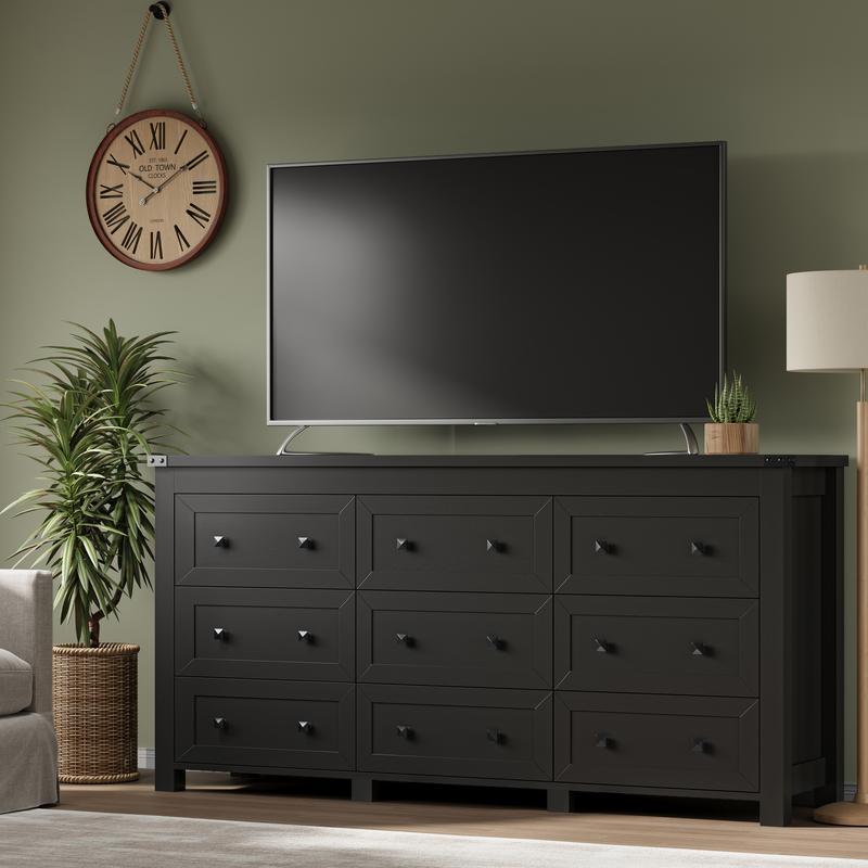 Dresser for Bedroom with 9 Drawers, Farmhouse Wood Chest of Drawers, Wide TV Stand Closet Storage Furniture with Metal Handle, Modern Clothes Organizer for Hallway, Living Room, Entryway, White