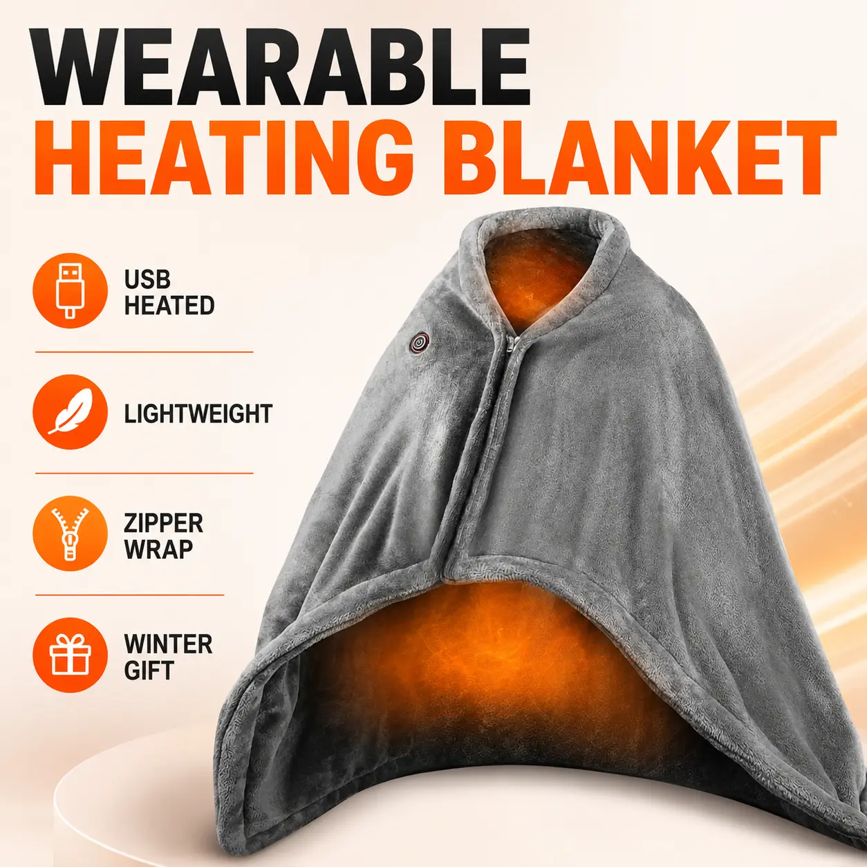 Portable USB Heated Shawl Blanket with 3 Heat Levels, Soft Fleece Wearable Zipper Wrap, Fast Heating for Shoulders & Back, Machine Washable for Office, Car and Home Use