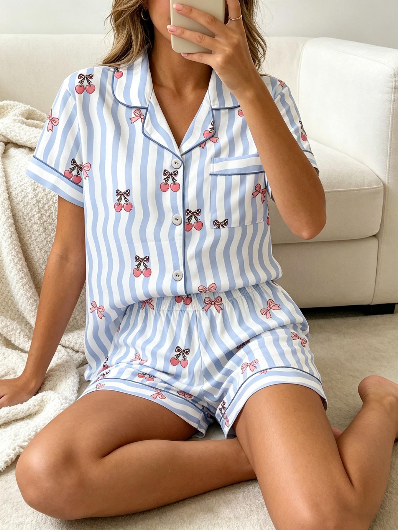 Women's Short Sleeve Button Down Top and Shorts Pajama Set, Spring Summer Wear, Loose Loungewear, For Preppy Style Lovers, Blue White Striped Preppy Cherry Print, Classic Lapel Collar, Loose Fit, Comfortable For Study & Relaxing, Matching Pj Set