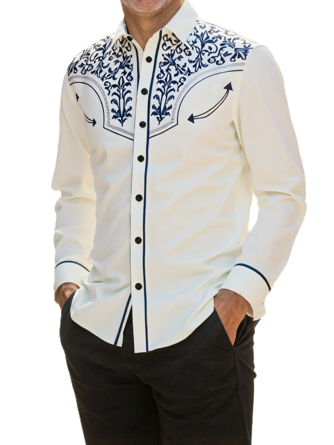 Men's Blue Pellis Pattern Long Sleeved Lapel Shirt, Autumn Business Casual Wear, Fitted Ethnic Design, Spring & Fall Fashion Top