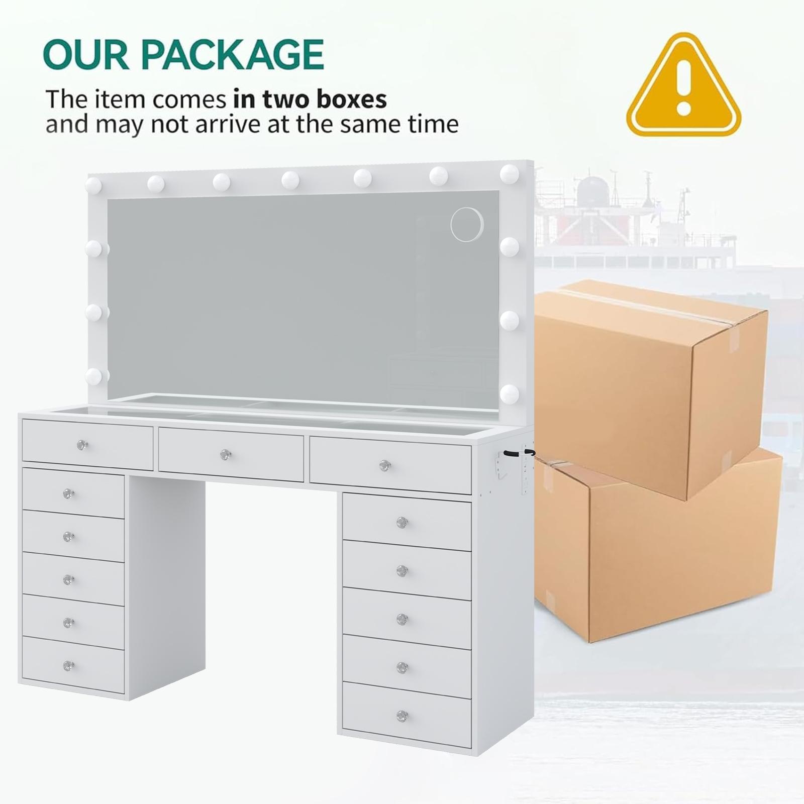 FUSOU 55"W 13 Drawers Vanity Desk, Makeup Vanity with Power Outlet, Vanity Table with Mirror and 13 LED Bulbs, 3 Color Lighting Modes, Glass Top, Dressing Table for Bedroom