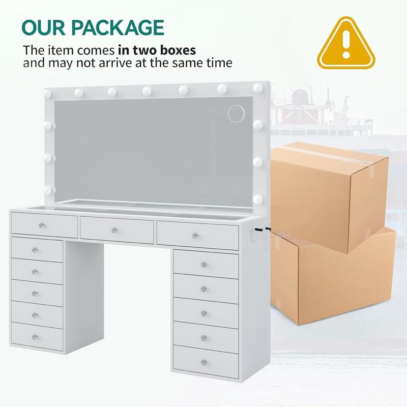 FUSOU 55"W 13 Drawers Vanity Desk, Makeup Vanity with Power Outlet, Vanity Table with Mirror and 13 LED Bulbs, 3 Color Lighting Modes, Glass Top, Dressing Table for Bedroom