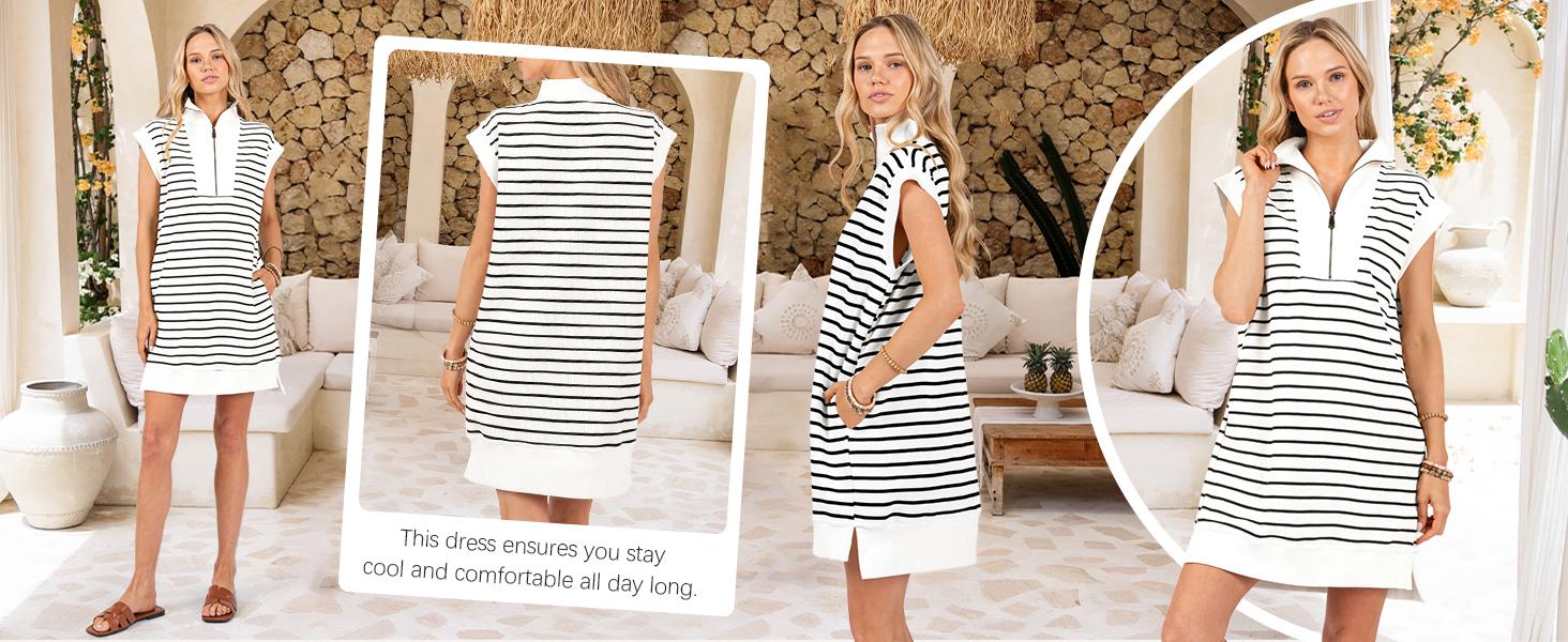 Wenrine Women's Striped Mini Dress Casual Zipper Cap Sleeve Collared V Neck Loose Knit Summer Dresses