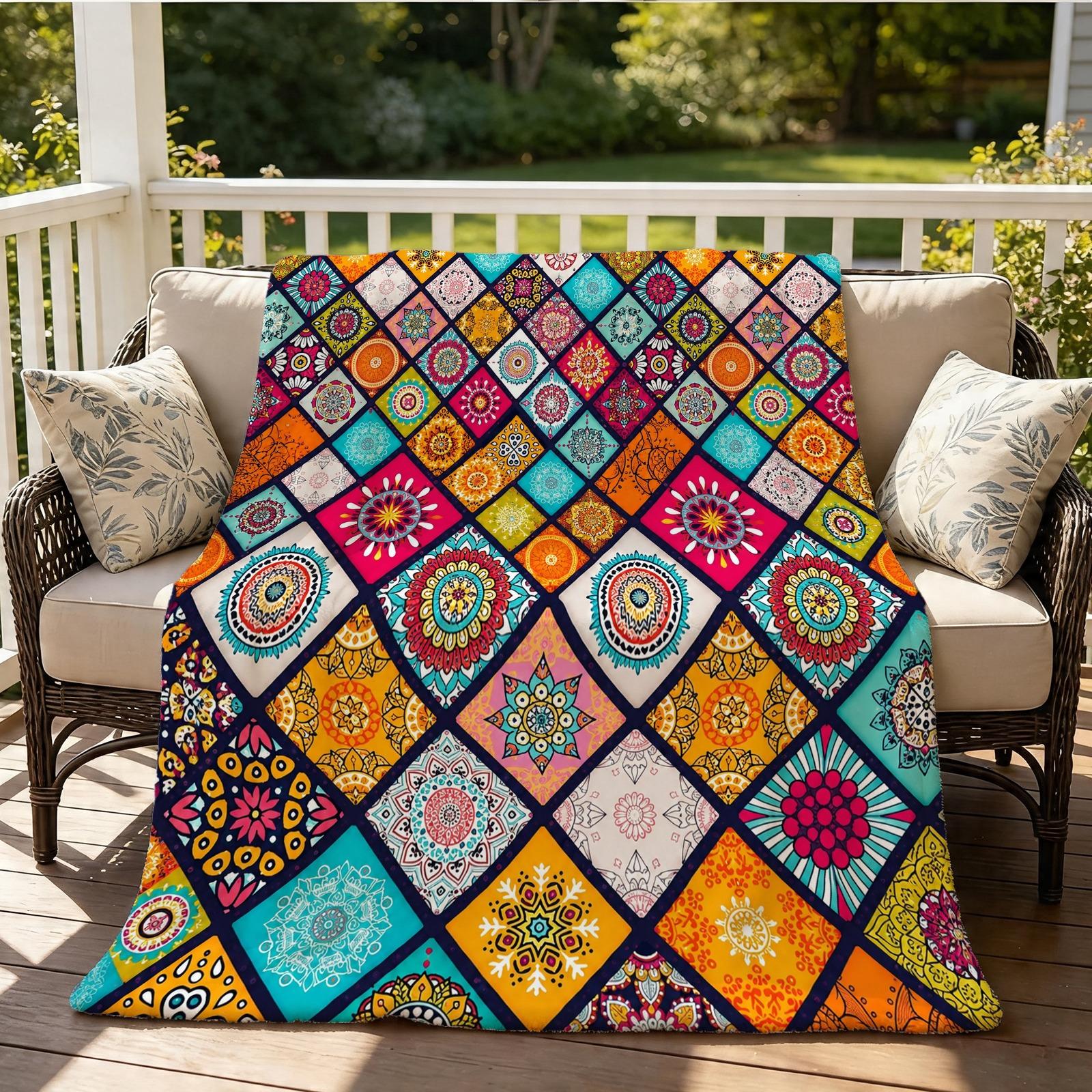 Bohemian Style Flannel Blanket, Single-Side HD Print, Tribal Geometric Style, Soft and Lightweight, Multi-Purpose for Napping, Camping, Picnic and Home Decor, Suitable for Teens and Adults