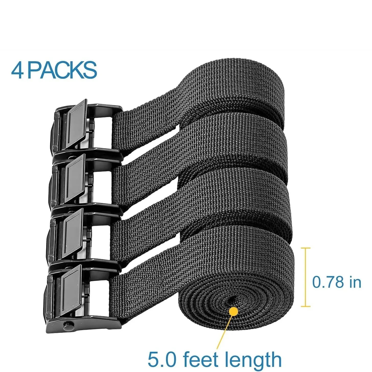 Adjustable Cam Buckle Lashing Straps, Tie Down Straps, Heavy Duty Straps, 4 Pack, Black | 0.78"x5' Cam Buckles Tie Down Cinch Strap for Cargo, Trucks, Motorcycle, SUP, Kayak, Canoe, Trailer