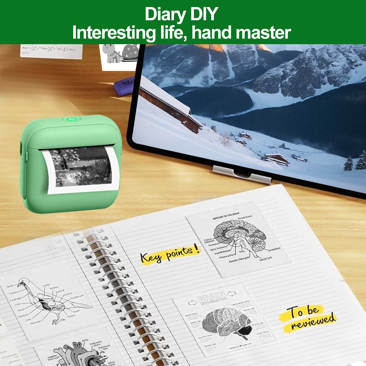 Portable Mini Printer, Rechargeable Thermal Printer, Wireless Thermal Printer for Photos and Labels, Compact Design, Home and Office Use