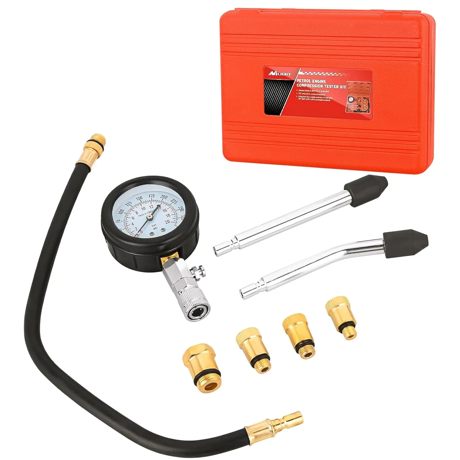 Nilight 8PCS Automotive Cylinder Pressure Compression Tester Kit, 0-300 psi Petrol Engine Diagnostic Tool with 17.7in Flexible Hose, Quick Connect, Anti-Scratch Acrylic Glass, M10-M18 Rubber Adapters & Carrying Case for On-the-Go Use