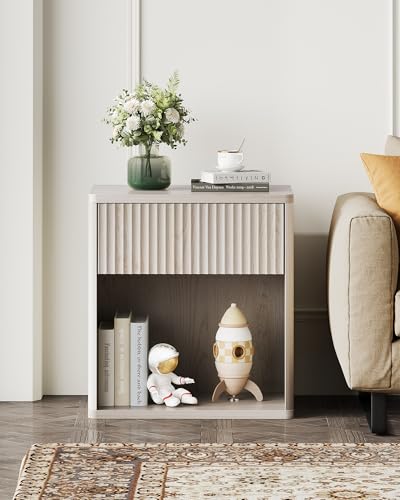 Bedside Nightstand with Drawers and Open Shelves, Rounded Corner Side Table with Cable Management, Modern Minimalist Bedside Cabinet for Bedroom Living Room, Perfect for Lamp Books Remote and Daily Essentials Storage