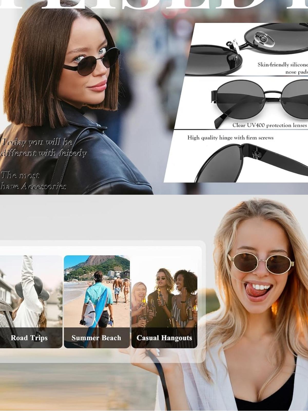 FEISEDY Trendy Retro Oval Sunglasses for Women Men Small Metal Frame Sun Glasses UV400 Shades B0124