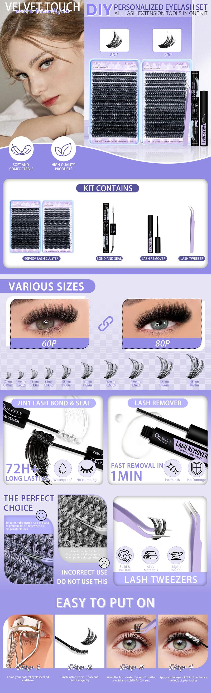 Natural Look Eyelash Extension Kit, 1 Box False Eyelashes with Glue, Tweezers & Remover, Professional Eye Makeup Accessories for Women, DIY Lash Clusters with Eyelash Bond, False Eyelash Extensions, Cosmetic