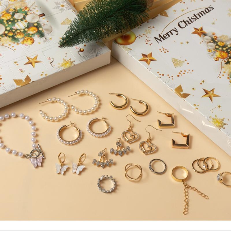 Christmas Countdown Calendar Jewelry Blind Box Earrings Necklace Bracelet Gift Set, Festive Holiday Accessory Collection