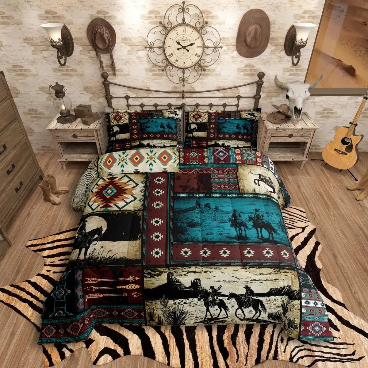 Adults Comforter Set Full Size Wild West Rustic Southwestern Comforter Geometric Bedding Set Patchwork Duvet Set Set 3Pcs