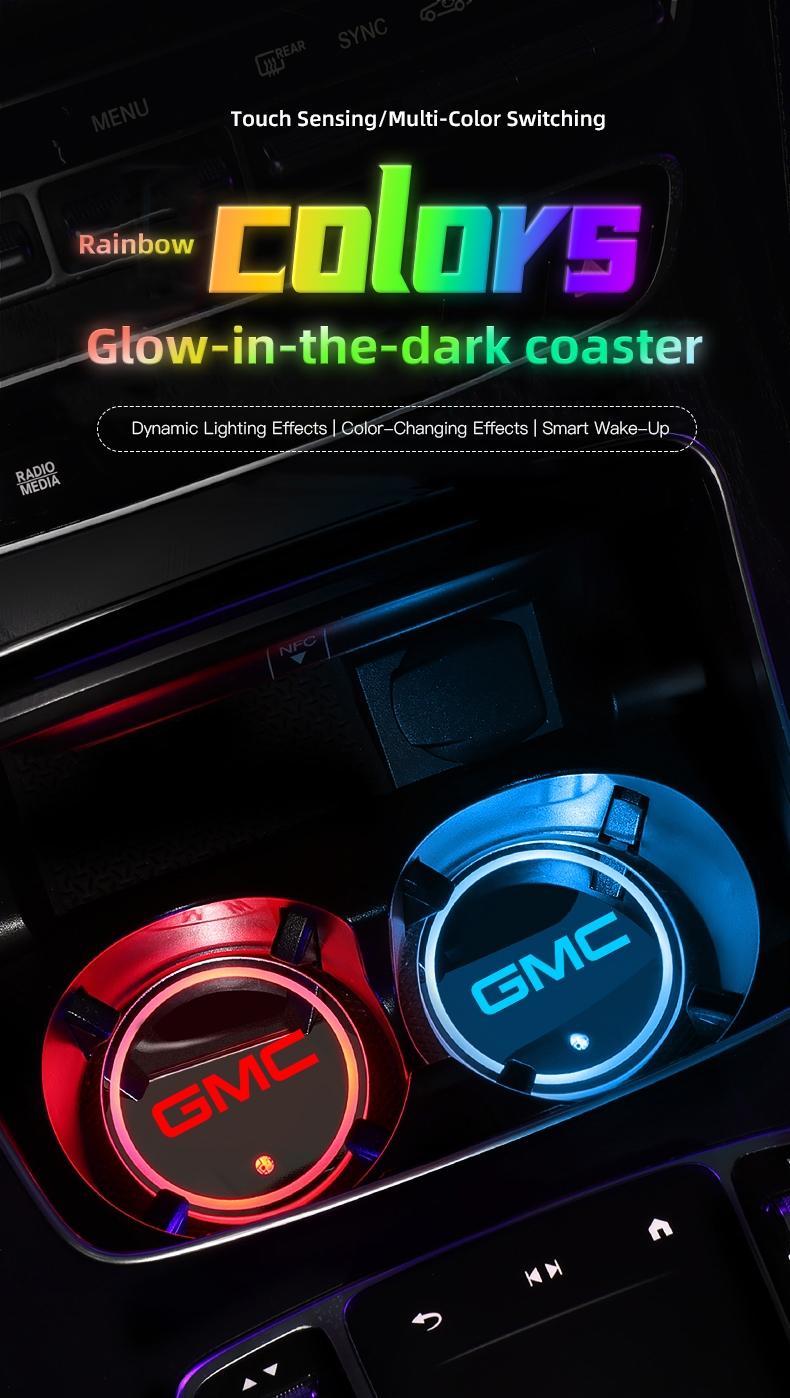 2pcs Car Luminous Water Cup Pad LED Atmosphere Light For GMC Terrain Sierra Canyon Yukon Acadia Savana Denali AT4 Granite