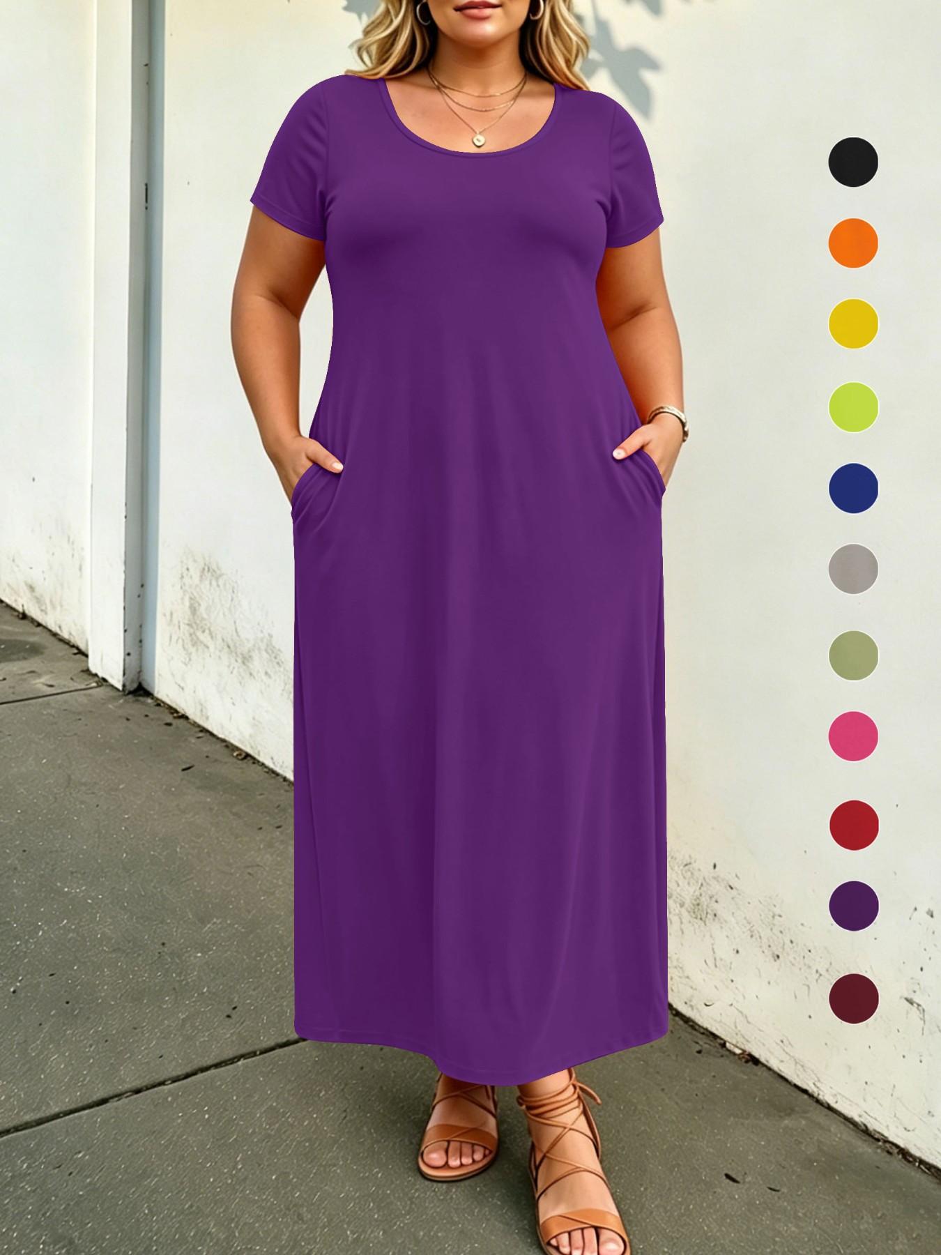 Plus Size Solid Color Loose Maxi Dress, Short Sleeve, Round Neck, Side Pockets, Curvy Daily Wear, Tummy Hiding