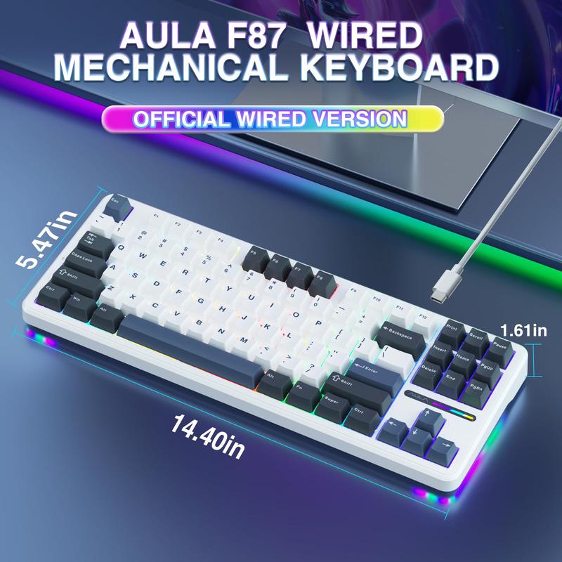 AULA F87 Custom RGB Backlit Mechanical Gaming Wired Keyboard, 75 Percent TKL Gasket Hot Swappable Keyboard with Detachable USB Cable Pre-lubed Greywood Switches,Keyboard for WINS/PC/Mac(White Blue)Creamy Budget Keyboard Office Computer Accessory springtok