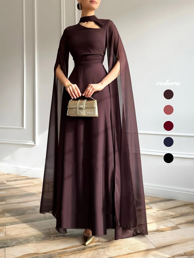 1pc Elegant Formal Evening Long Dress with Cape Sleeve, Wedding Guest Dress Women