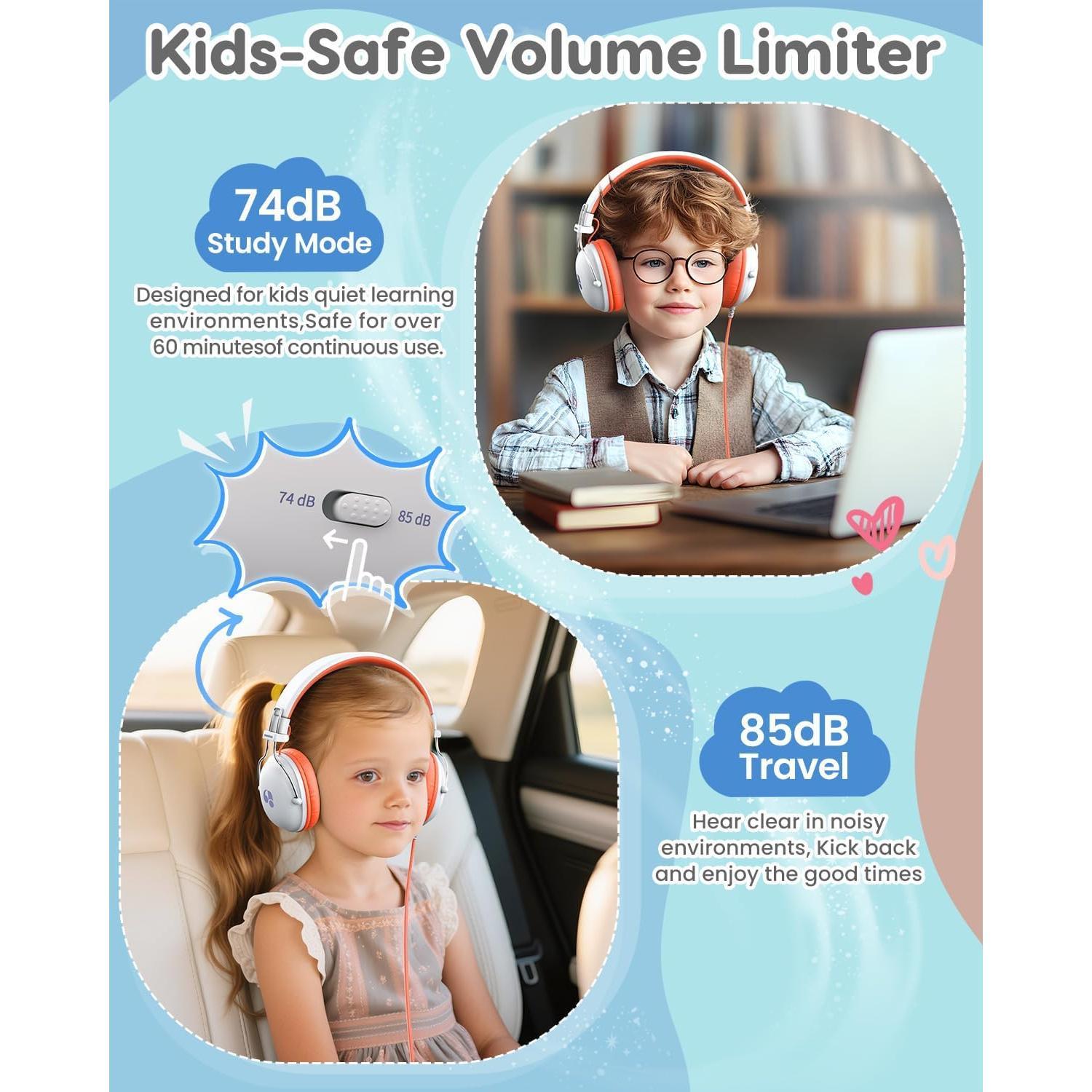 Headphones, 74/85dB Safe Volume Limit, Stereo Sound, Wired -Ear Headphones for  Boys Girls, 3.5mm Jack for Tablet, iPad, Kindle, YOTO Player, Airplane Travel, White