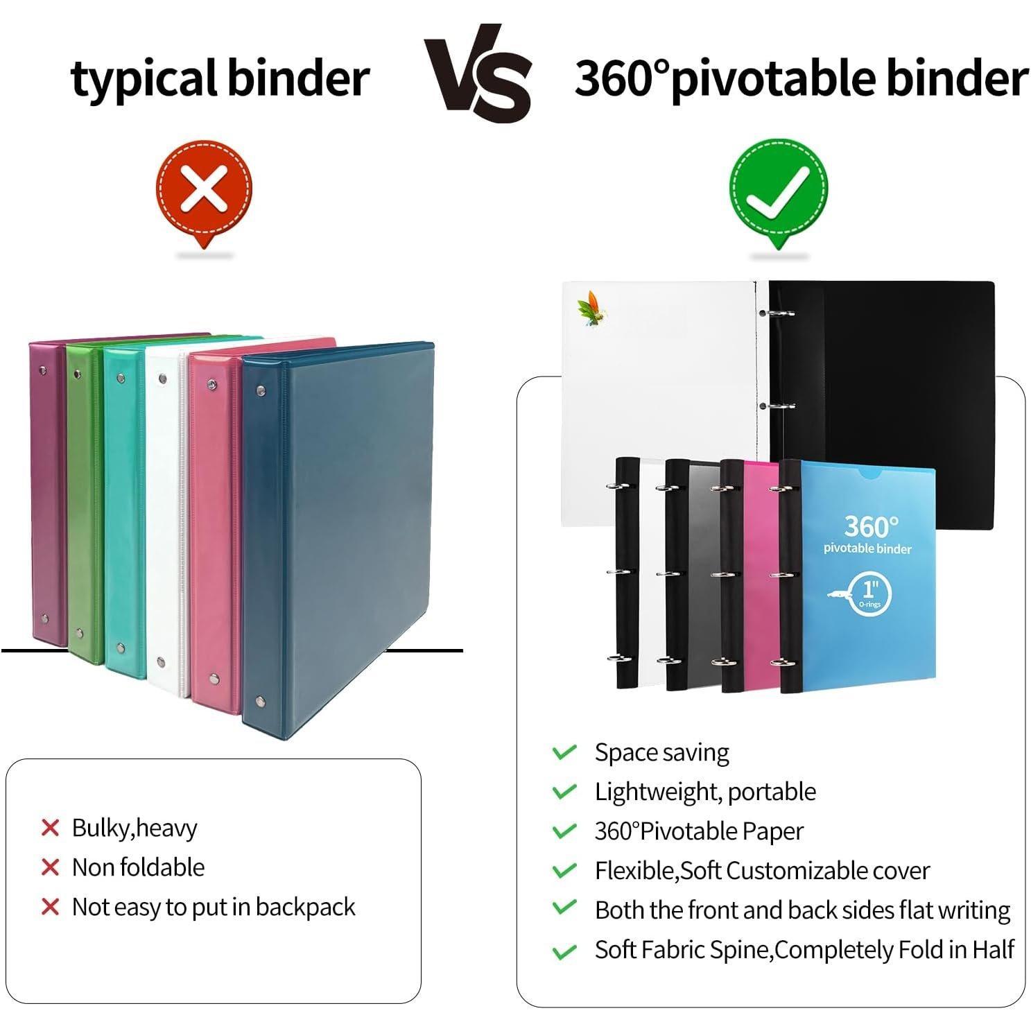 360  Pivotable Binder, Upgraded 3 Ring Binder 1 inch, Flexible Binders 3 Ring, Foldable Three Ring Binders- Black