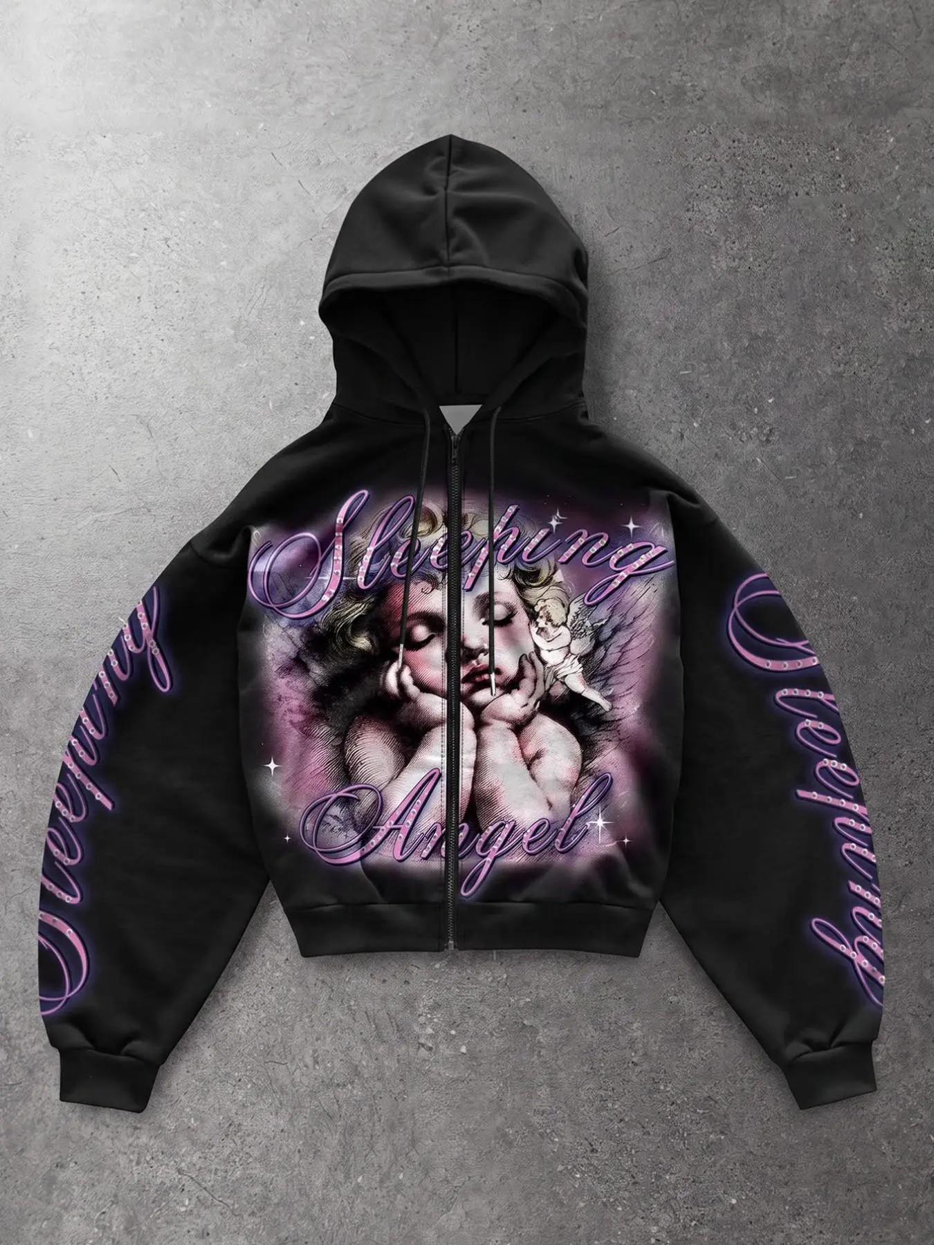 Vintage Sleeping Angel Graphic Hooded Jacket | Y2K Printed Zip Up Warm Hoodie Casual Streetwear & Party Top
