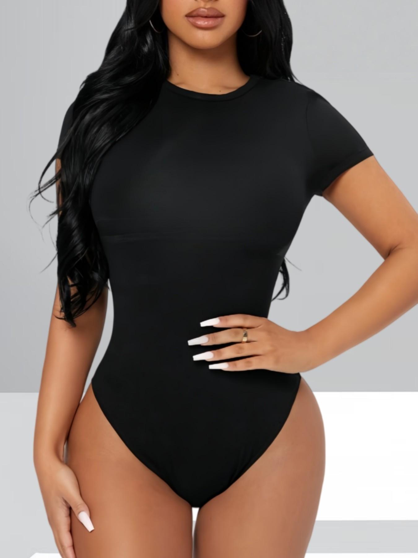 Women's Plain Round Neck Short Sleeve Jumpsuit, Slim-Fitting High Stretch Comfortable Bodysuit, Versatile Office Date Wear