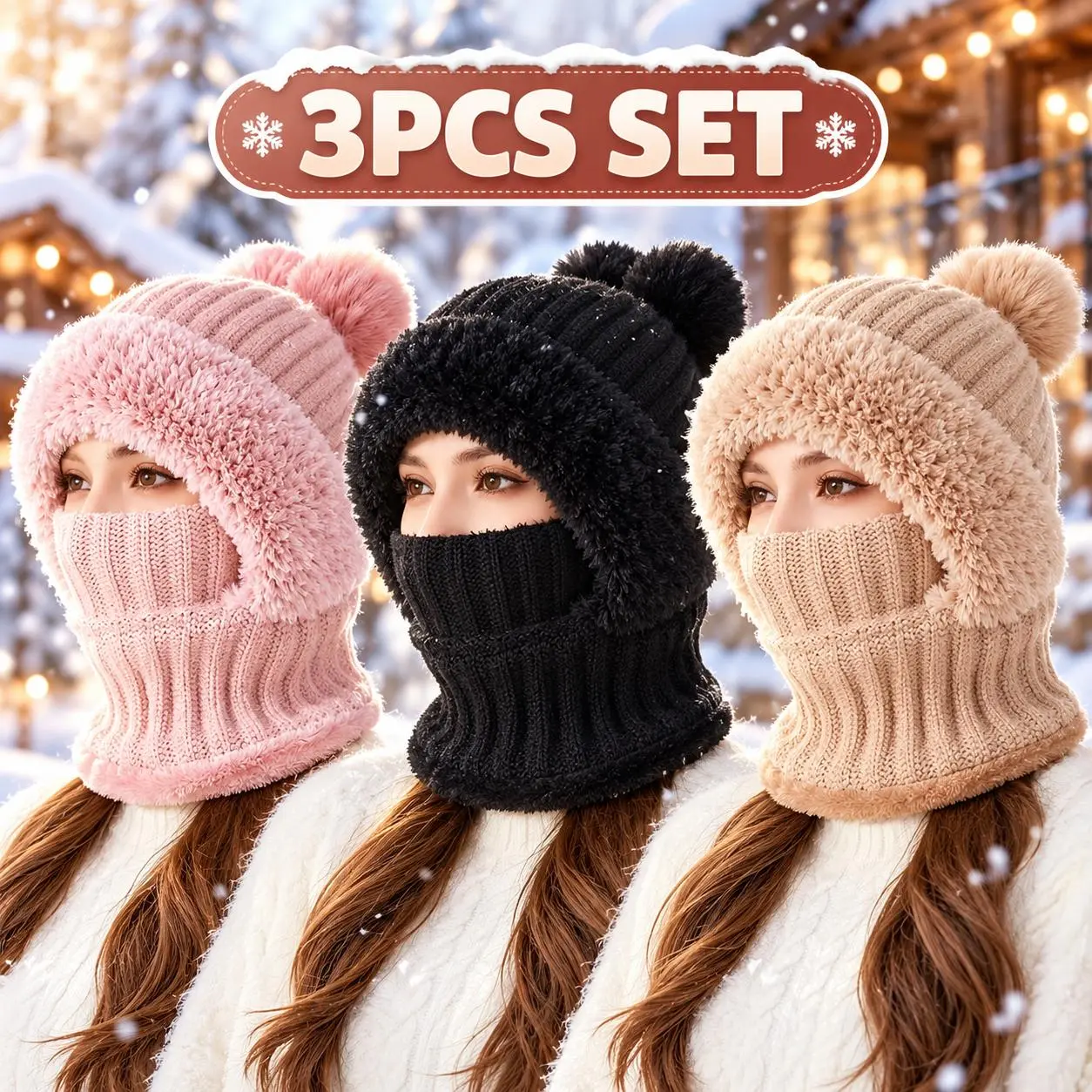 3 Piece Set-Women's Winter Warm Knit Hood, Full Coverage Balaclava Hat with Face Cover and Extended Neck Design