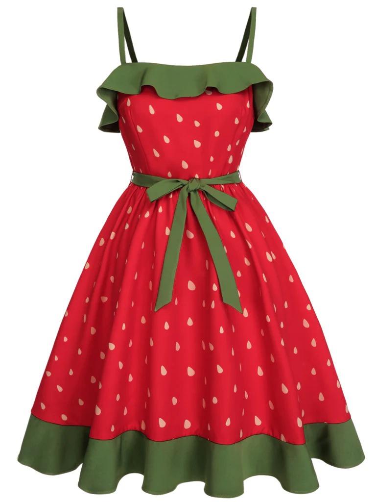 Plus Size Cute Strawberry Dress Aesthetic Summer Look with Bow and Ruffle Trim Sleeveless Vintage Style Retro Stage Boho Bohemian Casual Casual Wear