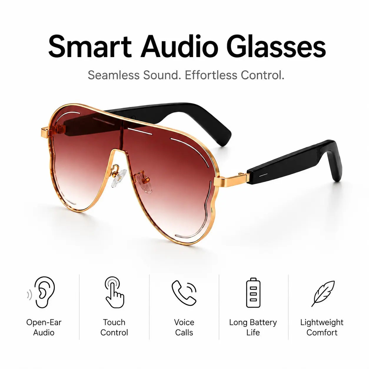Smart Glasses, Bluetooth Audio Sunglasses with Open-Ear Sound, Built in Mic, Hands-Free Calls, Voice Assistant and Touch Control