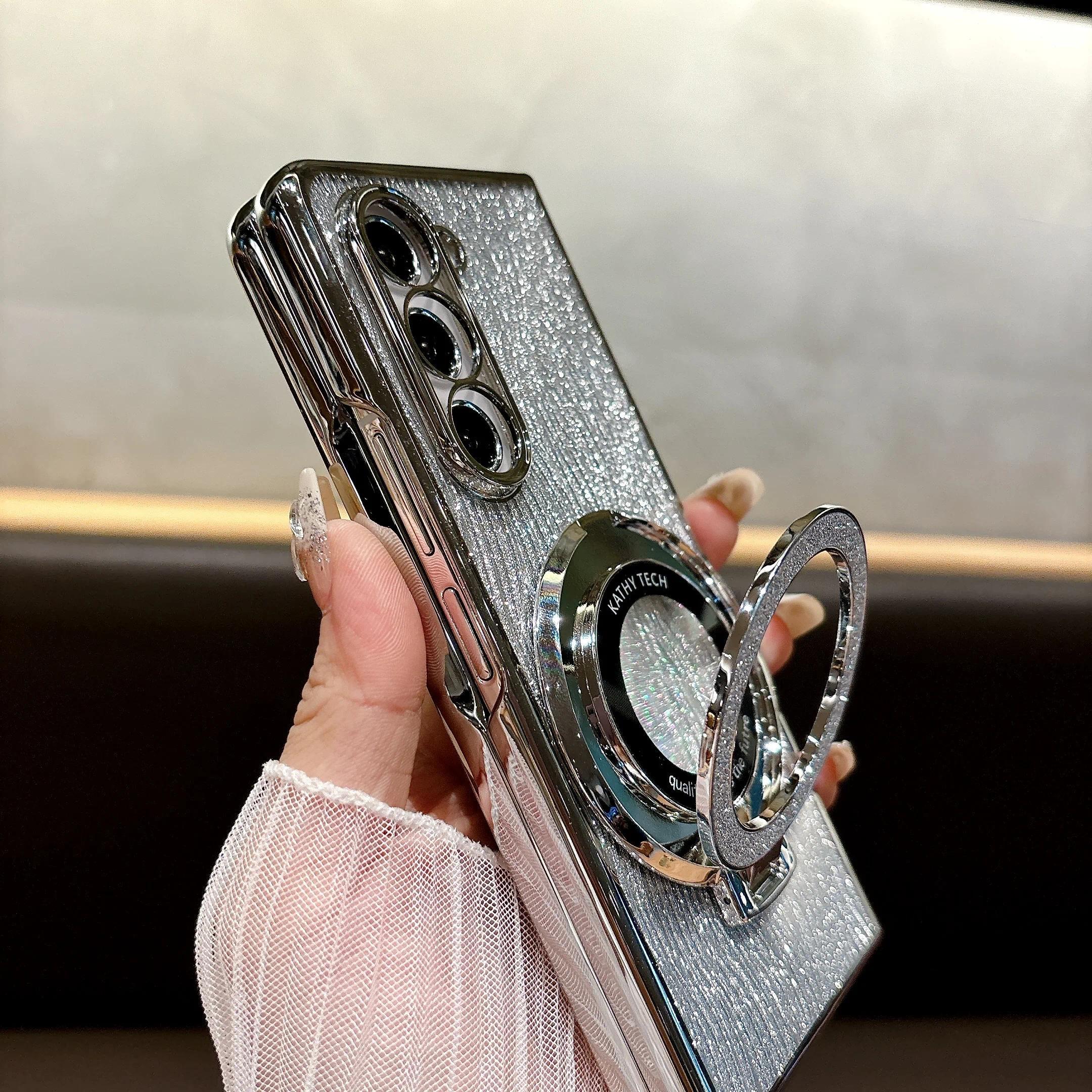 Ring Electroplate Sparkling Phone Case for Samsung Galaxy Z Fold 7 6 5 4 3 Fold6 Fold5 Fold4 Fold7 Magnetic Shockproof  Cover