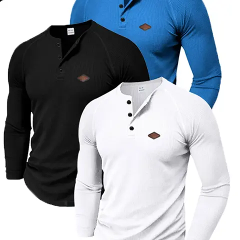 Men's Long Sleeve Casual Waffle Knit T-Shirt, Breathable Quick-Dry Shoulder Pad Henry Shirt, Spring & Fall Slim Fit Casual Cozy Pullover