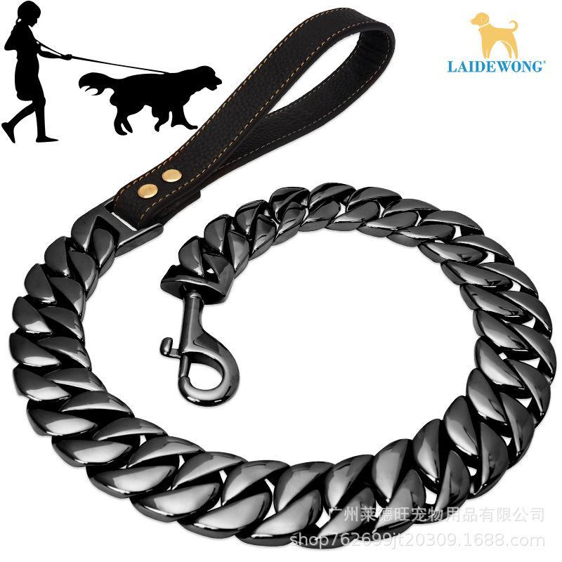 Heavy Duty Stainless Steel Dog Leash with Leather Handle, Chew Proof Cuban Link Metal Chain Lead for Medium Large Dogs, Strong Walking Pet Leash