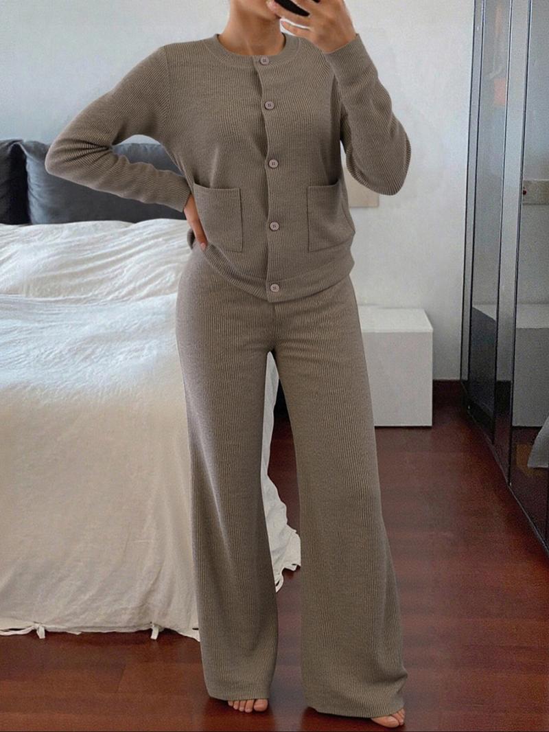 Women's Casual Comfortable Round Neck Long Sleeve Knit Sweater Set, High Waist Versatile Wide Leg Pants, 2 Piece