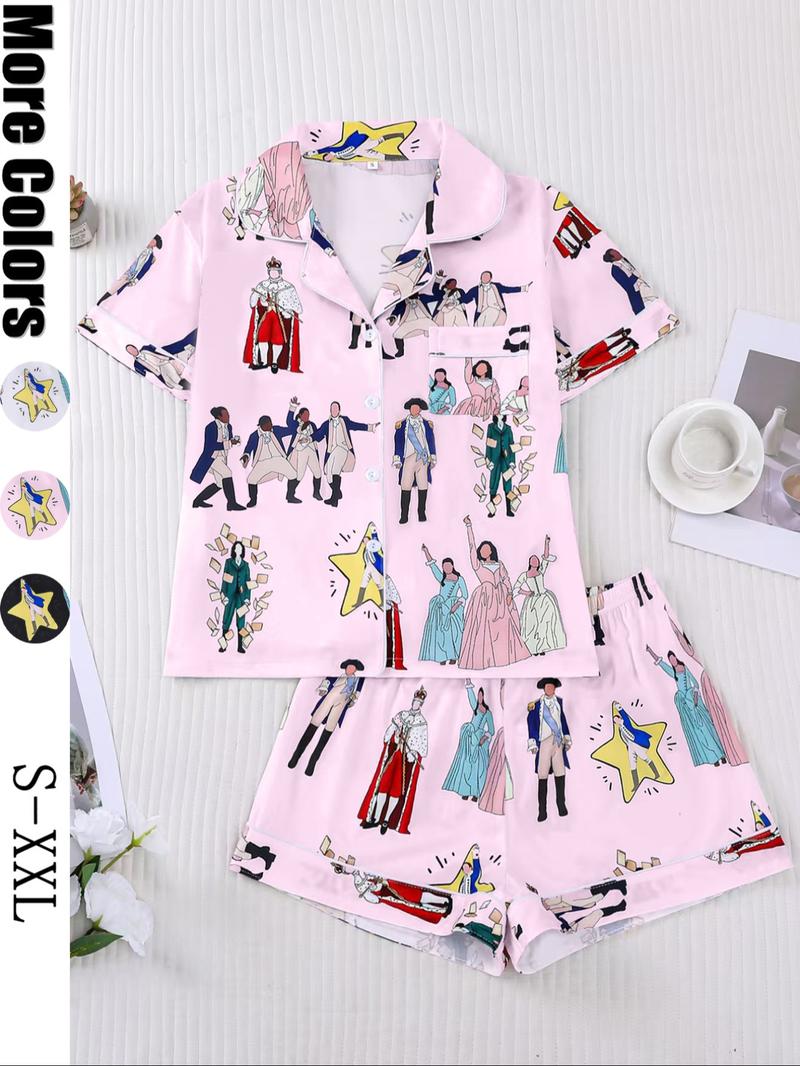 Hamilton Musical Themed Women's Pajama Set, Short Sleeve Shirt Collar Button Soft Top & Elastic Shorts, Casual Home Wear