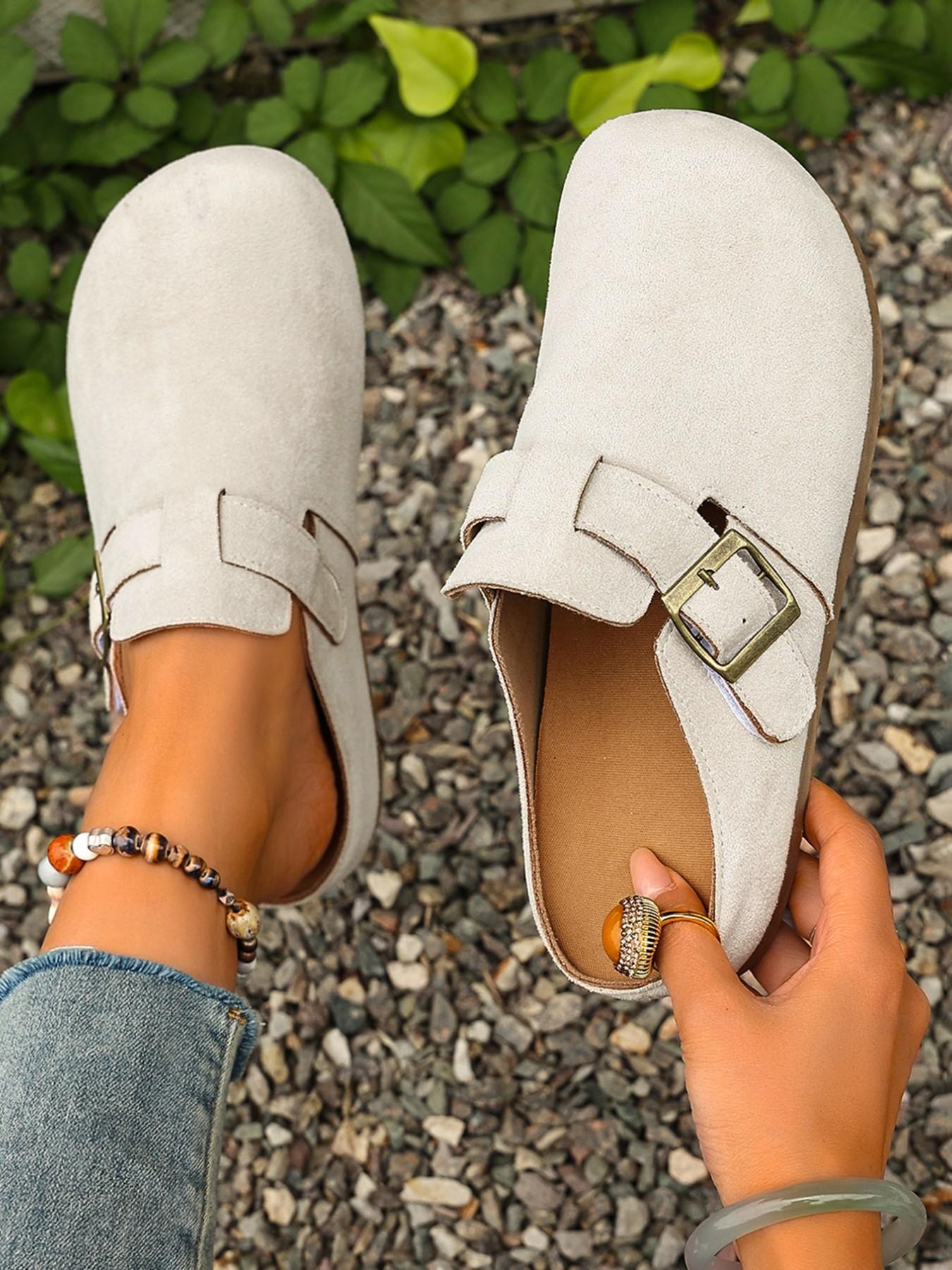 Women's 2026 Spring Summer New Velvet Slip-On Shoes, Wide Fit Comfortable Casual Flat Thick Soled Mules, Adjustable Antique Brass Buckle, Non-Slip Thick Sole