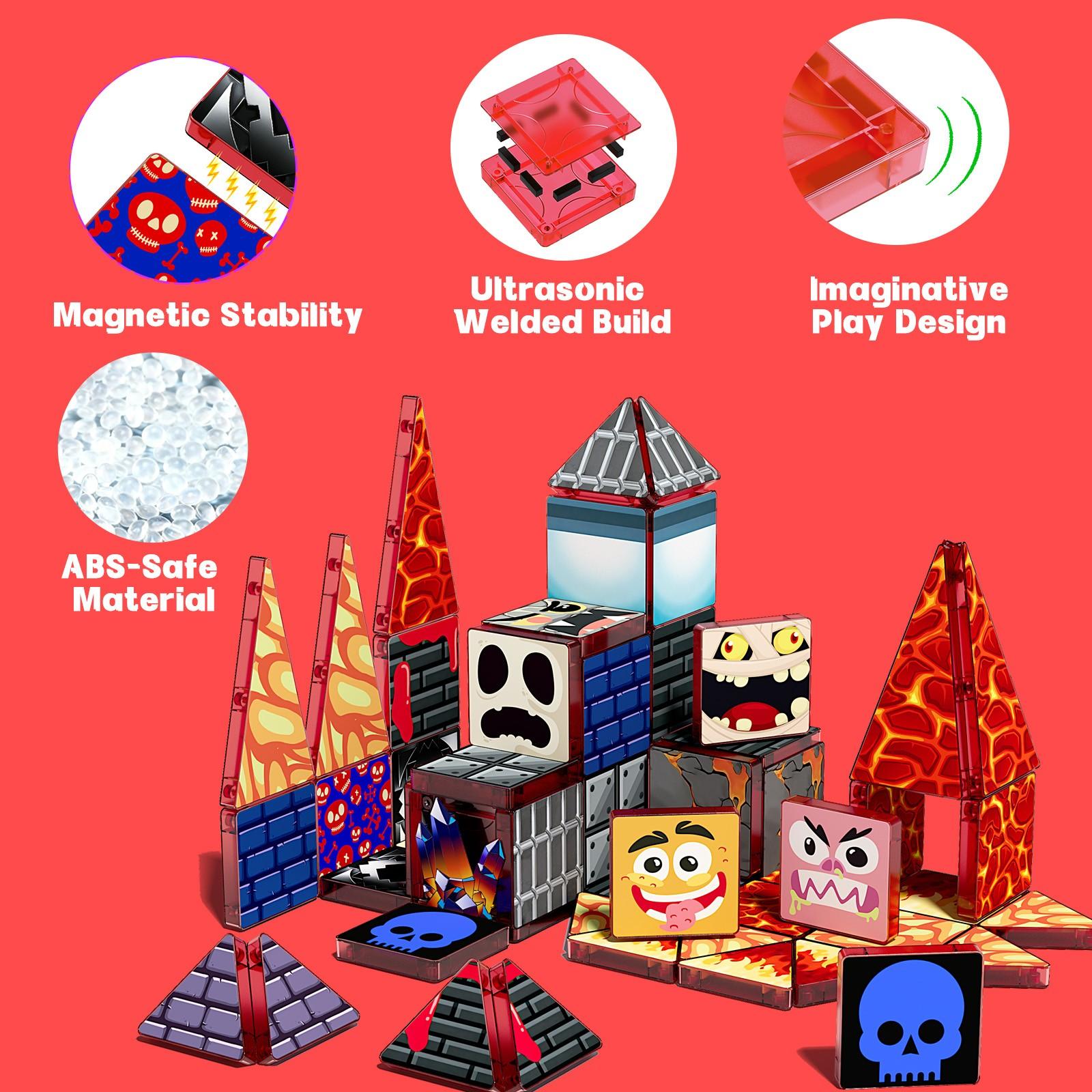 【New Sticker Set】60PCS,1.48inch Creative Sticker Magnetic Tiles,Cave Creatures，Magnet Building Blocks Cubes Construction Stacking Educational Assembly Toy Preschool STEM Play Creative Playboard for Toddler Kids Ages 3+,Kids Toys best gift