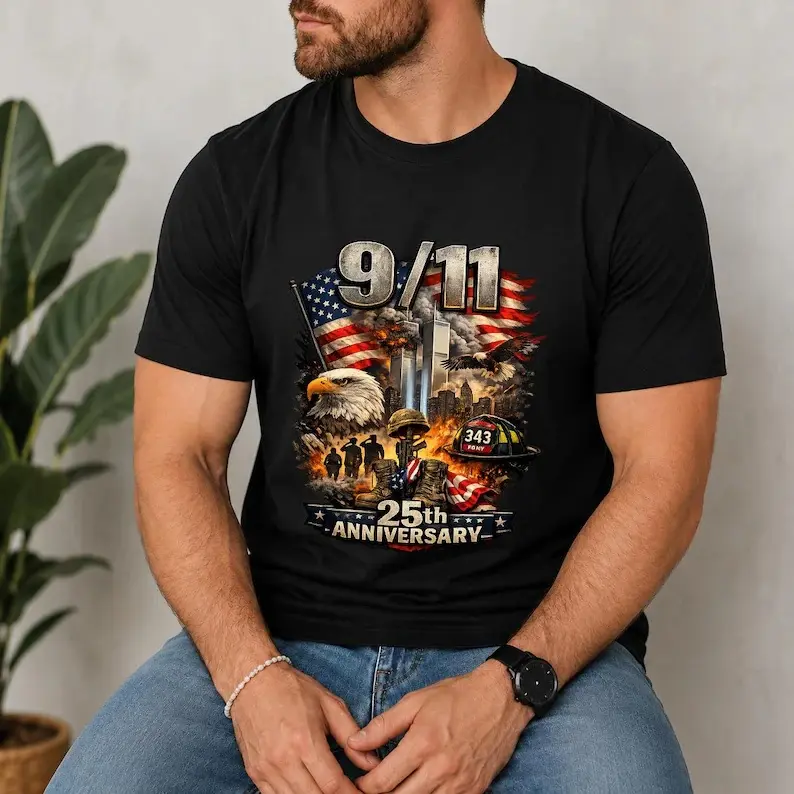 9/11 25th Anniversary Memorial T-Shirt, American Eagle USA Flag Tribute Tee