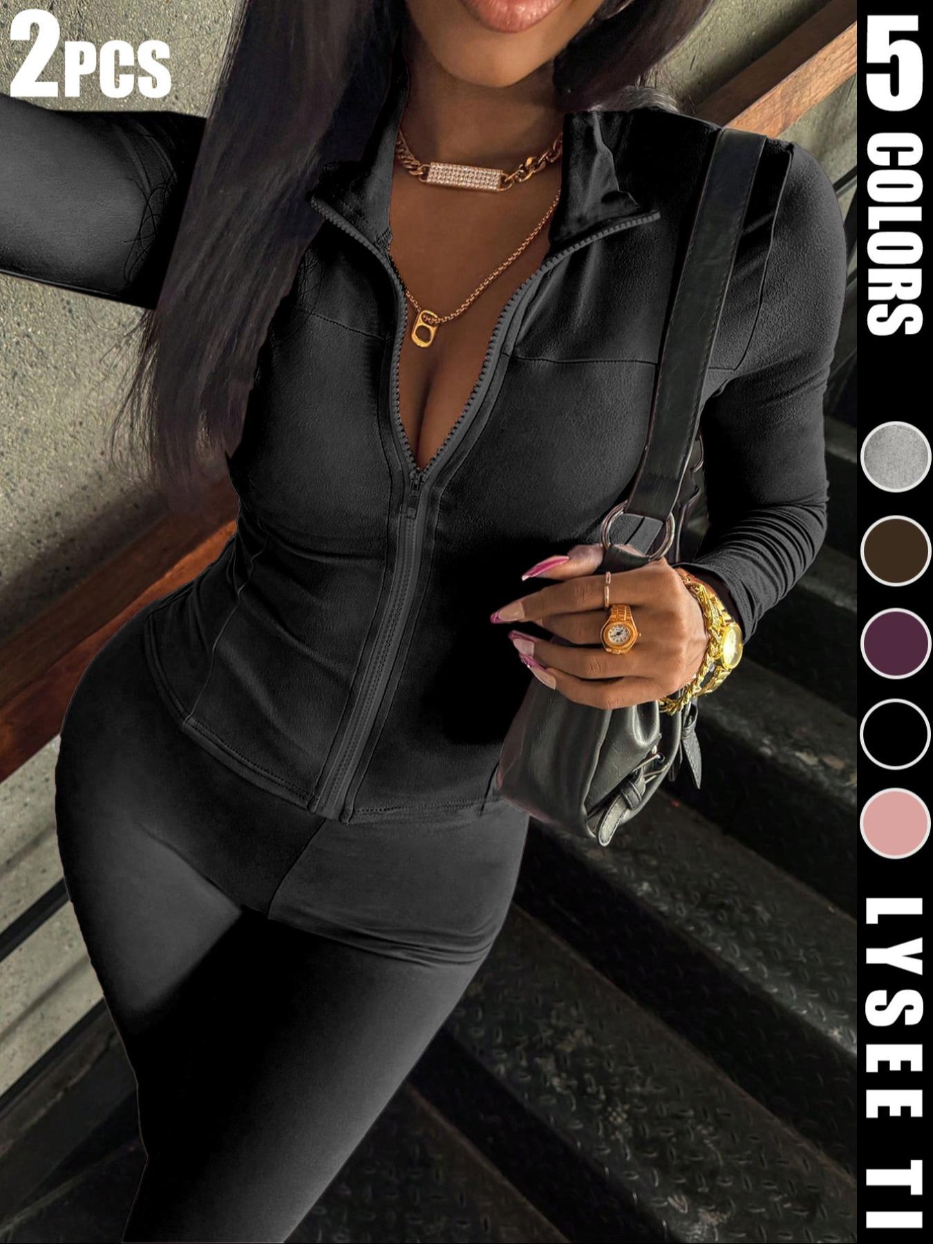 Women's Casual Fashion High-Stretch Sports Yoga Set, Zip-Up Slim Fit Long-Sleeve Top and Tight Pants 2-Piece Set