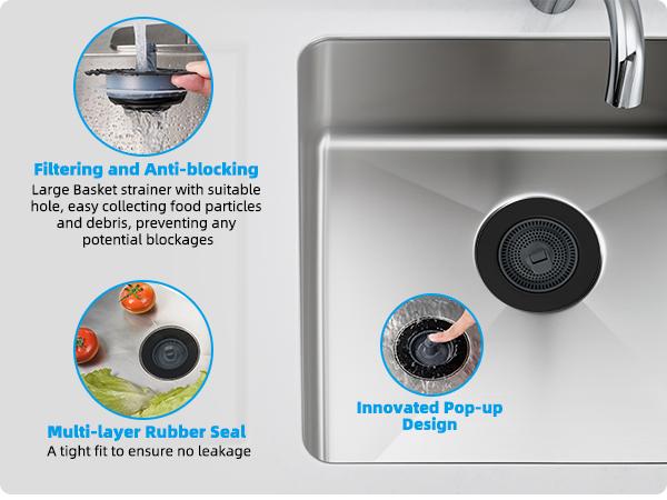 Hibbent Upgraded Stainless Steel Kitchen Sink Drain Strainer Stopper Kits, 3-in-1 Pop Up Sink Stopper, Clog-Free Basket Sink Strainer, Food Catcher for Standard 3-1/2 Inch Kitchen Sinks, food catcher