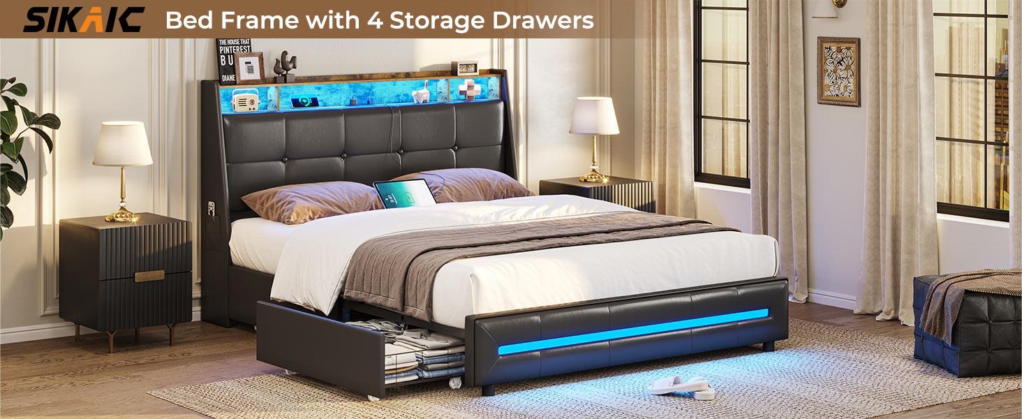 Sikaic 4 Storage Drawers LED Bed Frame with Charging Station Black Furniture Home Modern Interior Upholstered Platform
