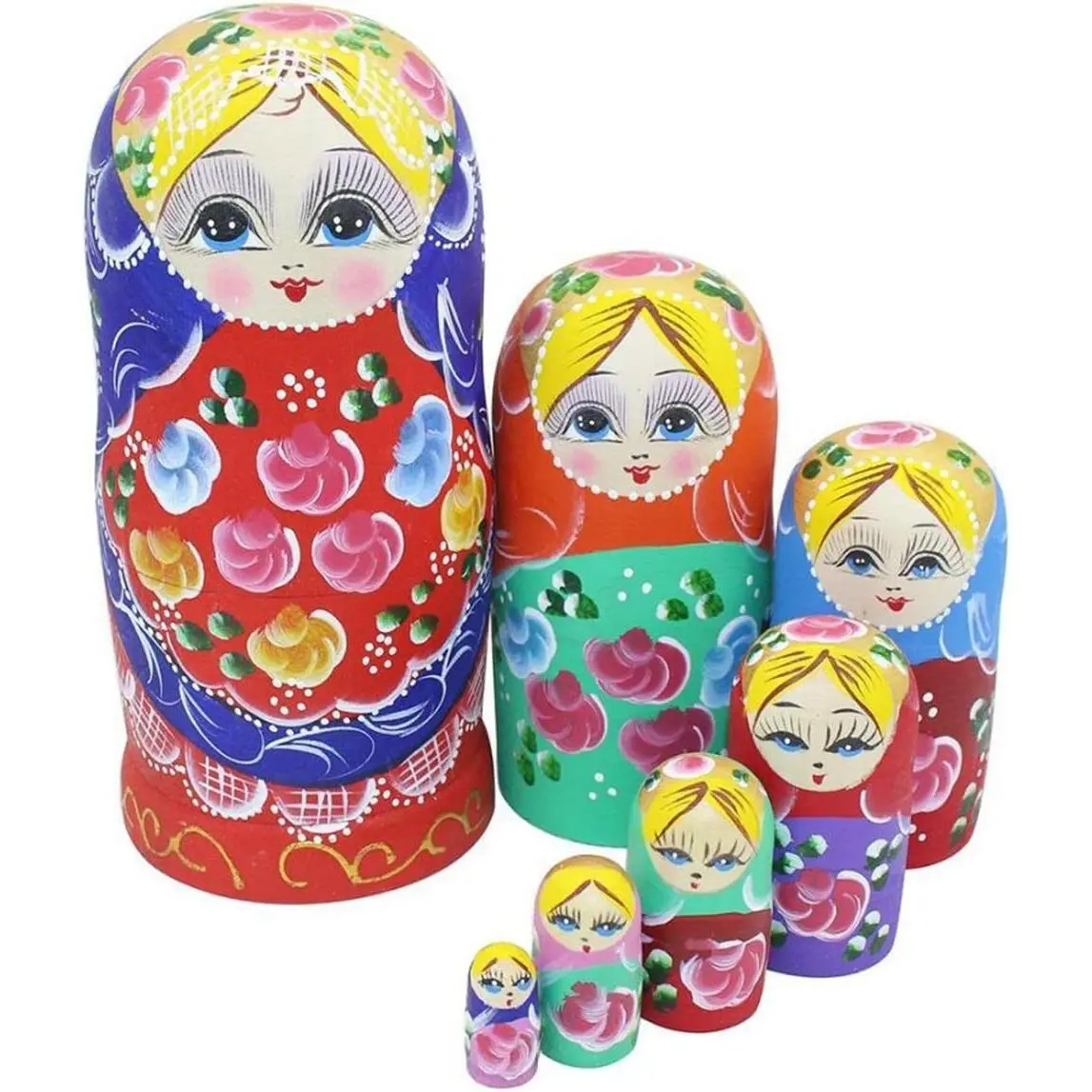 7-Piece Wooden Russian Nesting Dolls Set, Traditional Red Flower Girl with Blue Scarf Matryoshka Wishing Dolls, Home Room Decoration Gift Toy, Nested Set, Wooden Dolls