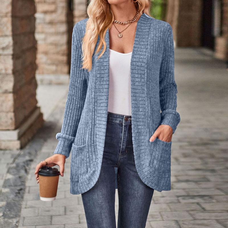 Women's Long Sleeve Open Front Knit Cardigan Sweater Curved Placket Large Pocket Sweater