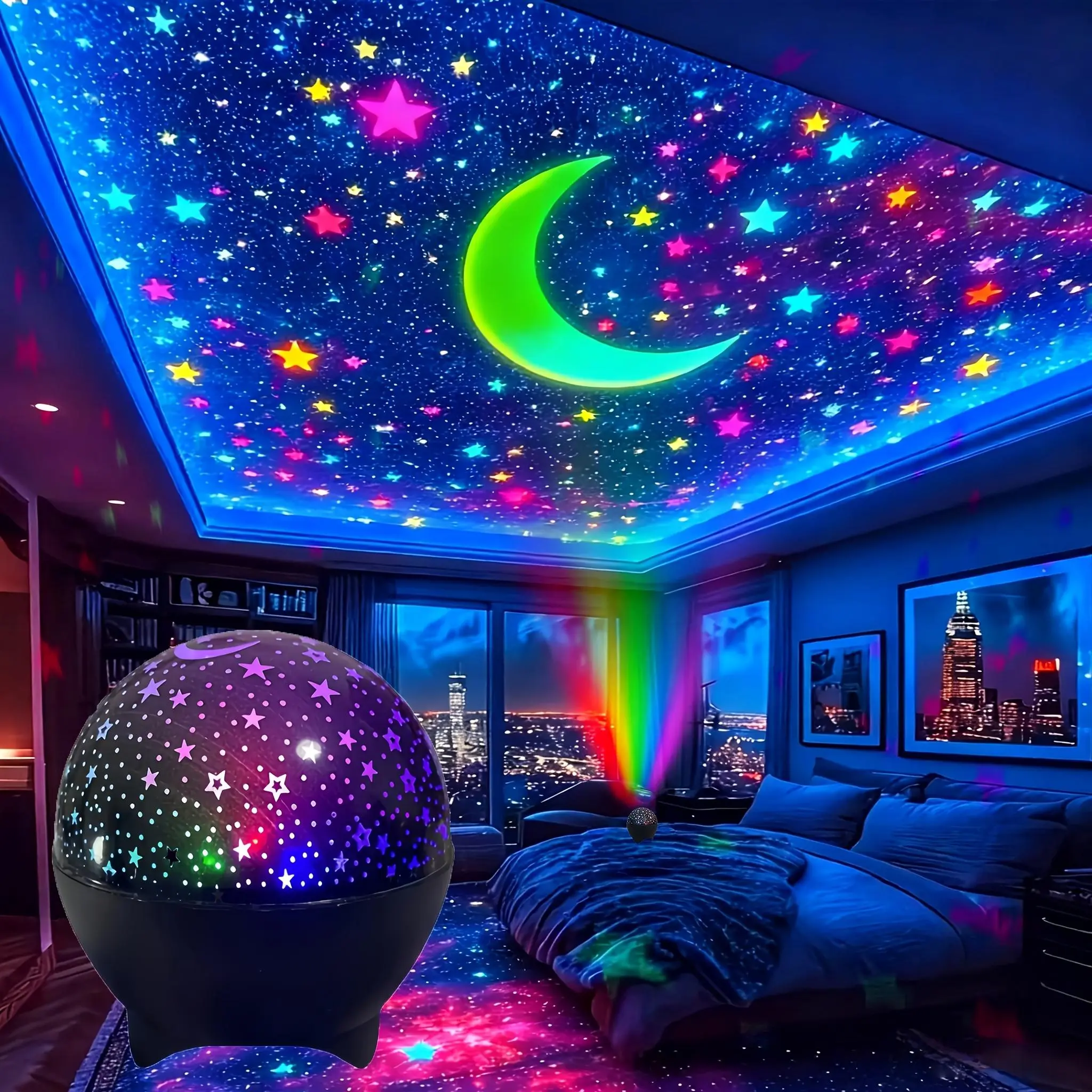 Moon and Stars Atmosphere Projection Lamp, Space LED Nebula Projector, USB Powered, Changing Moon and Stars Patterns, Ideal for Bedroom, Room, Parties and Gifts